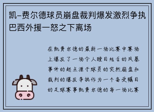 凯-费尔德球员崩盘裁判爆发激烈争执巴西外援一怒之下离场
