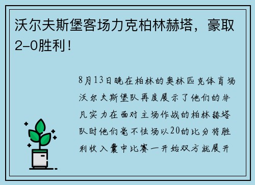 沃尔夫斯堡客场力克柏林赫塔，豪取2-0胜利！